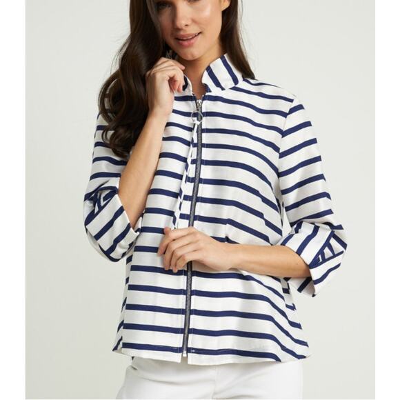 JOSEPH RIBKOFF Blue White Striped 3/4 Sleeve Swing Jacket Size 2 - Picture 1 of 10